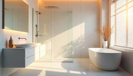 Modern bathroom interior bathed in warm sunlight and shadows