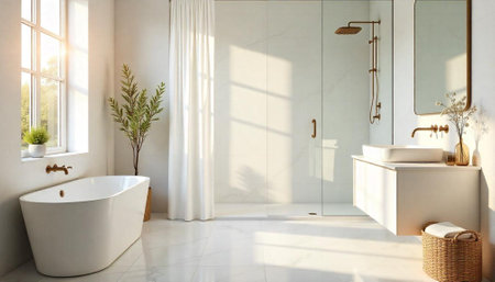 Modern minimalist bathroom interior with sunlight streaming through window
