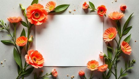 Floral frame with blank paper sheet and peach flowersの写真素材