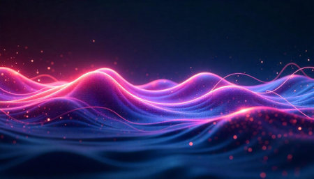 Abstract waves of light in purple and blue colorsの写真素材