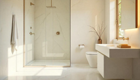 Modern bathroom with shower, sink, toilet and light neutral paletteの写真素材