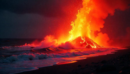 Volcanic eruption flowing into the ocean at nighttime
