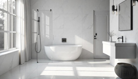 Modern minimalist bathroom with freestanding tub and natural lightの写真素材