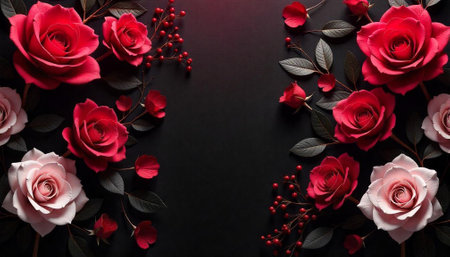 Red and pink roses with leaves on dark backgroundの写真素材