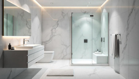Modern luxury bathroom with walk-in shower and marble tiles