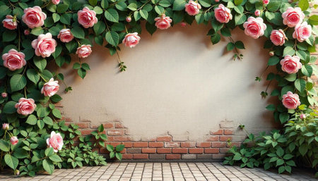 Romantic rose garden backdrop with space for text overlayの写真素材