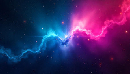 Energetic cosmic cloudscape with vibrant colors and starlight explosion