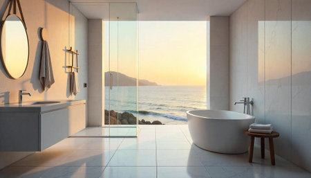 Modern bathroom with ocean view at sunrise or sunsetの写真素材