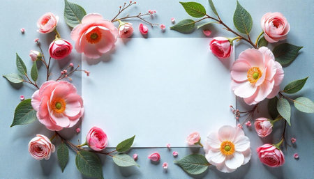 Floral frame with pink roses on light blue backgroundの写真素材