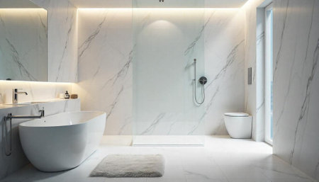 Modern bathroom interior featuring marble tiles and freestanding tub
