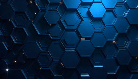 Abstract dark blue hexagonal pattern background with dimensional depthの写真素材