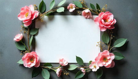 Floral frame with pink flowers and copy space designの写真素材