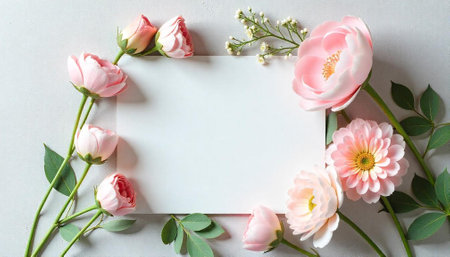 Floral frame of pink roses and peonies with cardの写真素材