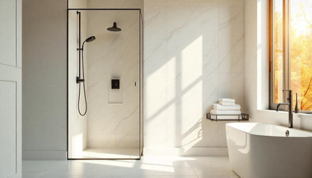 Modern bathroom interior with shower and freestanding bathtub design