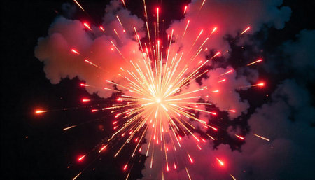 Vibrant fireworks burst against night sky with smoky cloud