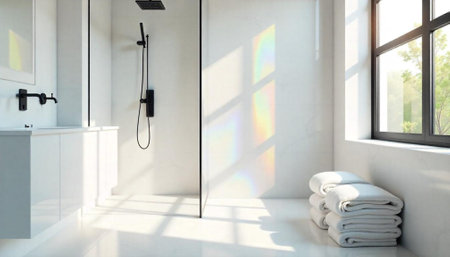 Bright modern bathroom with shower and stacked white towels
