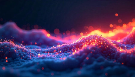 Abstract colorful wave with glowing particles on dark backgroundの写真素材
