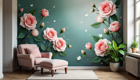Elegant interior with pink roses floral wallpaper and furnitureの写真素材