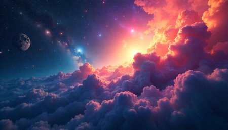 Cosmic cloudscape with vibrant sunset and distant planet