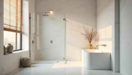 Luxurious bathroom interior with marble tiles and natural light