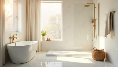 Bright bathroom interior with freestanding tub and walk-in showerの写真素材