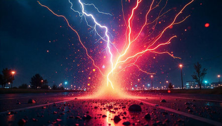 Dramatic lightning strikes on road illuminate night cityscape scene