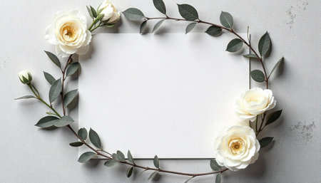 Elegant floral frame featuring white roses and leaves backdropの写真素材