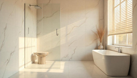 Bright modern bathroom interior with marble tiles and natural light