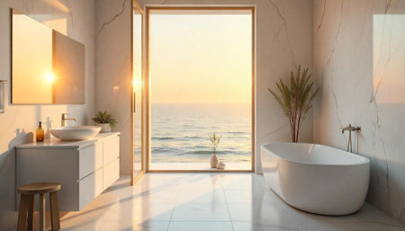 Modern luxury bathroom overlooking the ocean at sunsetの写真素材