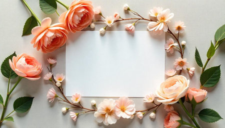 Floral frame with blank white card for messagesの写真素材