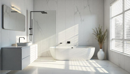 Minimalist bathroom interior featuring white marble and natural light
