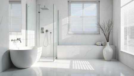 Modern bright bathroom interior with bathtub and shower cabin