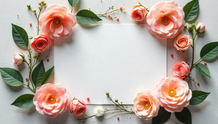 Peach roses border with blank card background mockupの写真素材