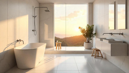 Modern bathroom with nature view, bright sunlight streaming in