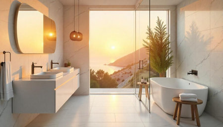 Modern bathroom with sunset view overlooking the ocean