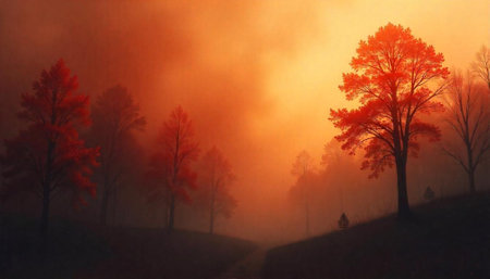 Autumn trees in warm light and thick atmospheric fog