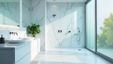 Modern bathroom with marble and natural light entering space
