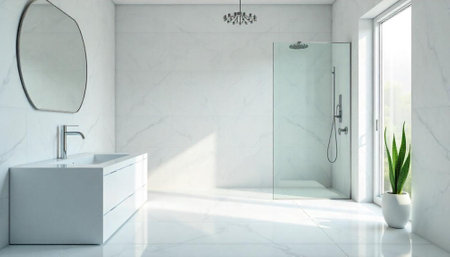 Modern minimalist bathroom interior with white marble and natural light