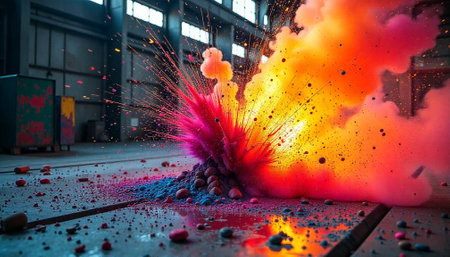 Explosion of colorful powder in an industrial setting backdropの写真素材