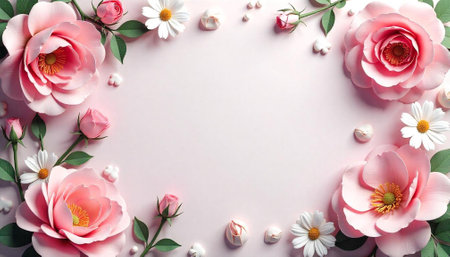 Floral frame with roses and daisies on light pink