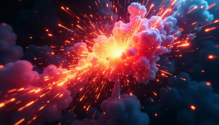 Abstract explosion with glowing particles on dark background
