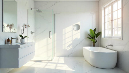 Bright contemporary bathroom interior with marble and white elements