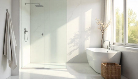 Bright modern bathroom interior with shower and freestanding tub
