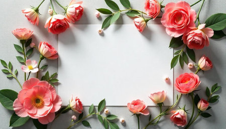 Floral frame featuring pink roses and a blank card