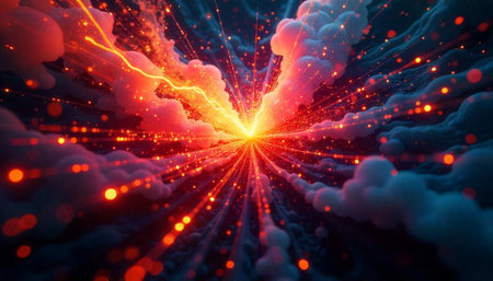 Energy explosion radiating vibrant light and cosmic cloud formationsの写真素材