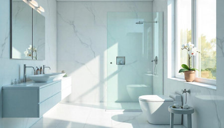 Bright modern bathroom interior with marble walls and sunlight