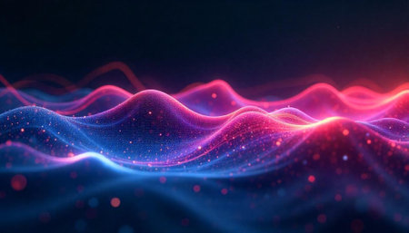 Abstract glowing waves with particle effects and dark background