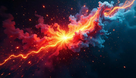 Abstract energy explosion with dynamic lightning and cloud formations
