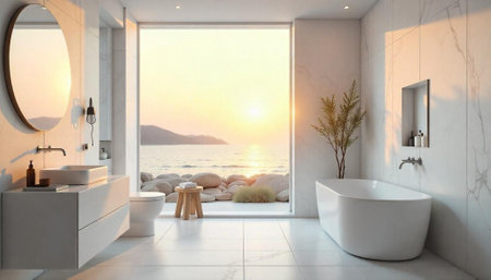 Modern bathroom interior with ocean view at sunset lightの写真素材
