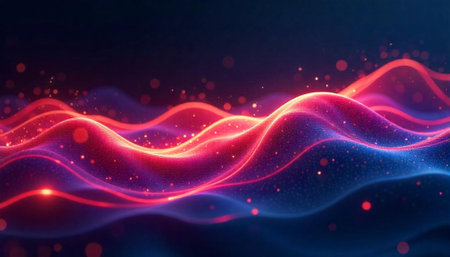 Abstract flowing shapes with glowing particles on dark background